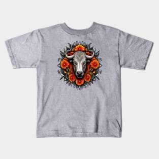 Buffalo Surrounded By A Wreath Of Orange Flowers Tattoo Art Kids T-Shirt